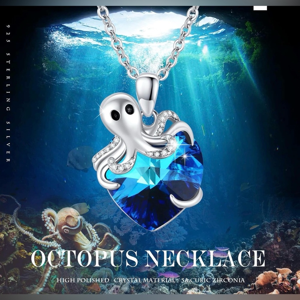 Octopus Blue Heart Crystal CZ 925 Sterling Silver Pendant Necklace New